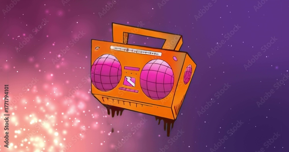 Obraz premium Floating orange boombox with pink speakers dripping black liquid in cosmic space, with pink nebula