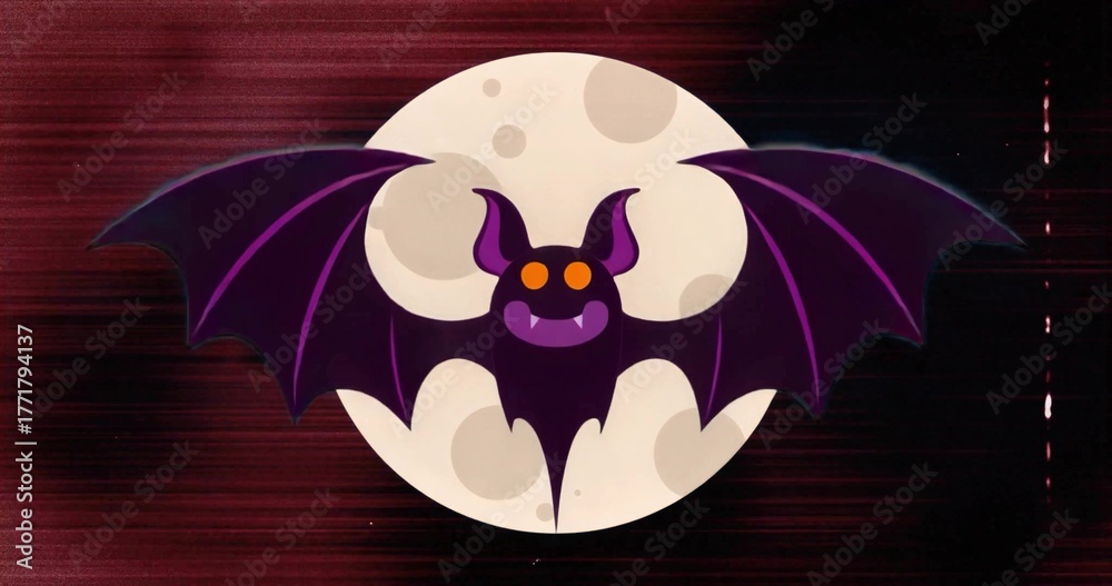 Fototapeta premium Flapping cartoon bat spreading purple wings in abstract night scene, with full moon silhouette