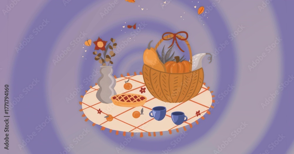 Naklejka premium Wicker basket of gourds and corn sitting on patterned cloth, with pie, mugs, vase, floating leaves