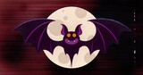 Flapping cartoon bat spreading purple wings in abstract night scene, with full moon silhouette