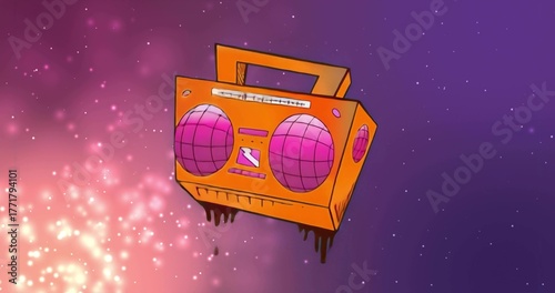 Floating orange boombox with pink speakers dripping black liquid in cosmic space, with pink nebula