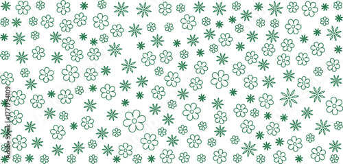 Seamless Floral Outline Pattern with Simple Line Art Flowers and Leaves, Minimal Green Botanical Background, Elegant Repeating Flower Texture for Textile, Wallpaper, Fabric, Wrapping Paper, 