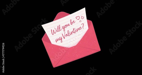 Revealing pink-red glitter envelope holding lined note with cursive text and heart doodles on black