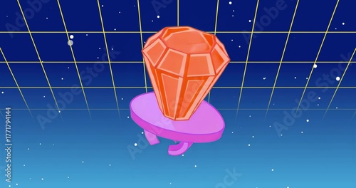 Floating purple ring platform holding orange gemstone against futuristic starfield with yellow grid