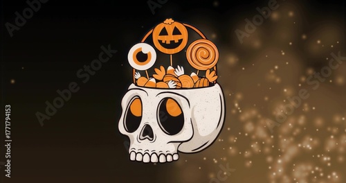 Floating skull holding pumpkin lollipop, candy eyeball and candy corns on dark gradient with bokeh