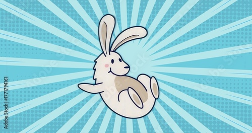 Floating cartoon rabbit drifting over blue pop art beams, abstract halftone dot pattern