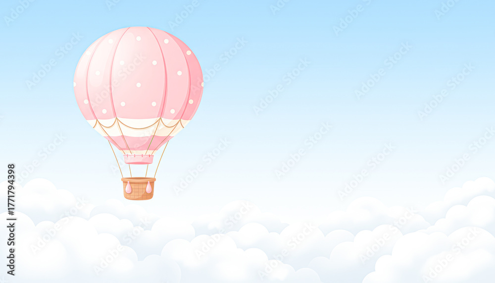 Fototapeta premium A whimsical pink hot air balloon floats above soft clouds against a serene blue sky, evoking a sense of adventure and tranquility.