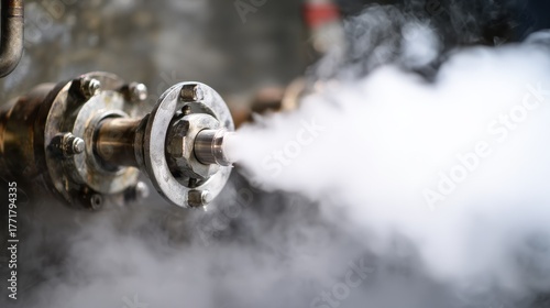 boiler. Industrial boiler safety valve releasing high-pressure steam, white vapor column. safety posters, maintenance manuals, designed for industrial assembly lines and welding operations.