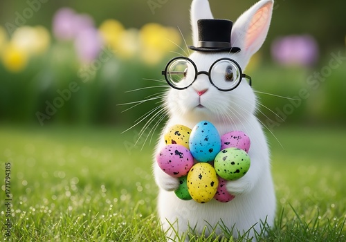 Whimsical Rabbit Holds Colorful Eggs