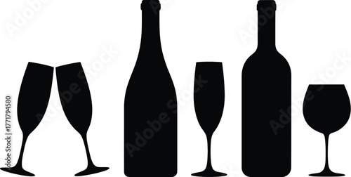 Stock vector illustration of wine bottles and glasses silhouette
