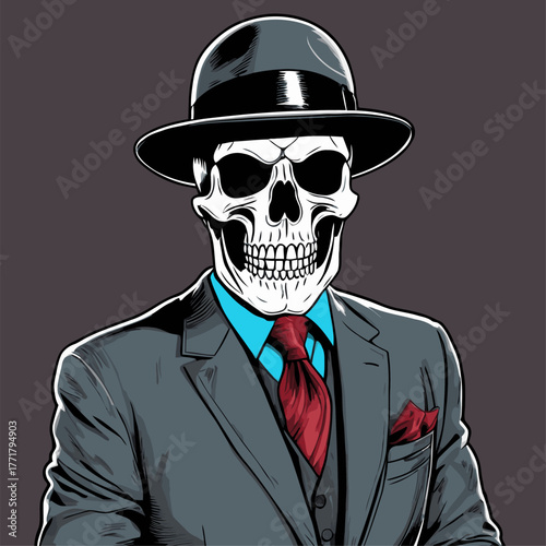 skull wearing a suit and fedora hat