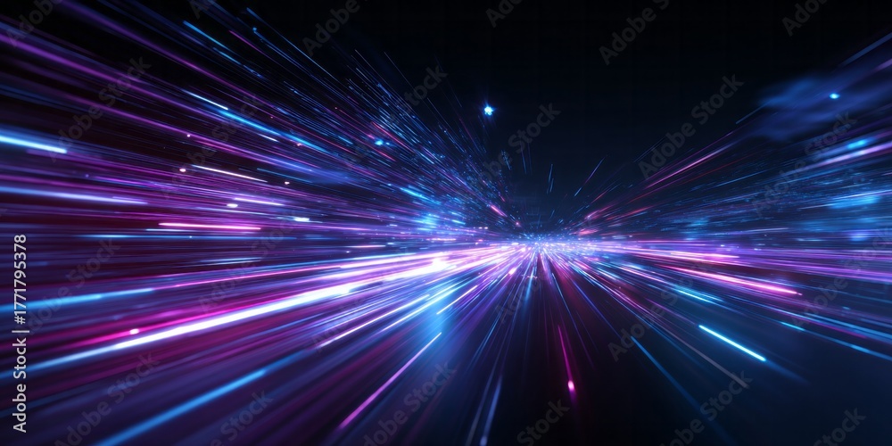 Fototapeta premium Brilliant streaks of magenta and cyan light move rapidly toward a central vanishing point in deep space