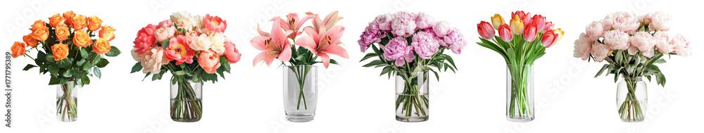 Fototapeta premium PNG Vibrant floral bouquet arrangements, element set on transparent background