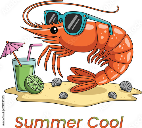 Orange shrimp wearing sunglasses enjoys a tropical drink on the beach vector. Tropical, drink, beach, sand, shells, lime, seafood.