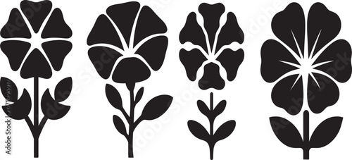 A morning glory flower vector pattern of black silhouettes of trees, leaves, and plants with floral ornament and a butterfly design