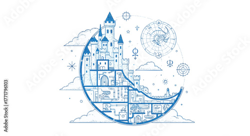 Whimsical Castle on Crescent Moon with Celestial Chart and Clouds