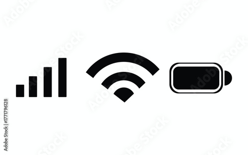 Three common mobile device icons signal strength wi fi and battery level isolated on white background