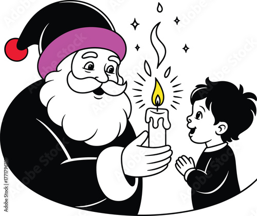 Santa Claus and child with candle flame design.