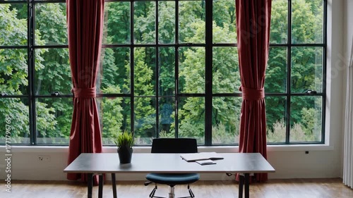 Modern office serenity featuring large window, red curtain, simple desk, green plant, natural light, and open notebook for peaceful workspace