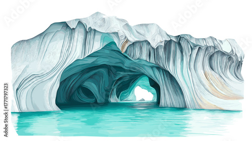 Marble Caves - Capillas de Marmol. Marble Caves - Capillas de Marmol hand drawn watercolor illustration