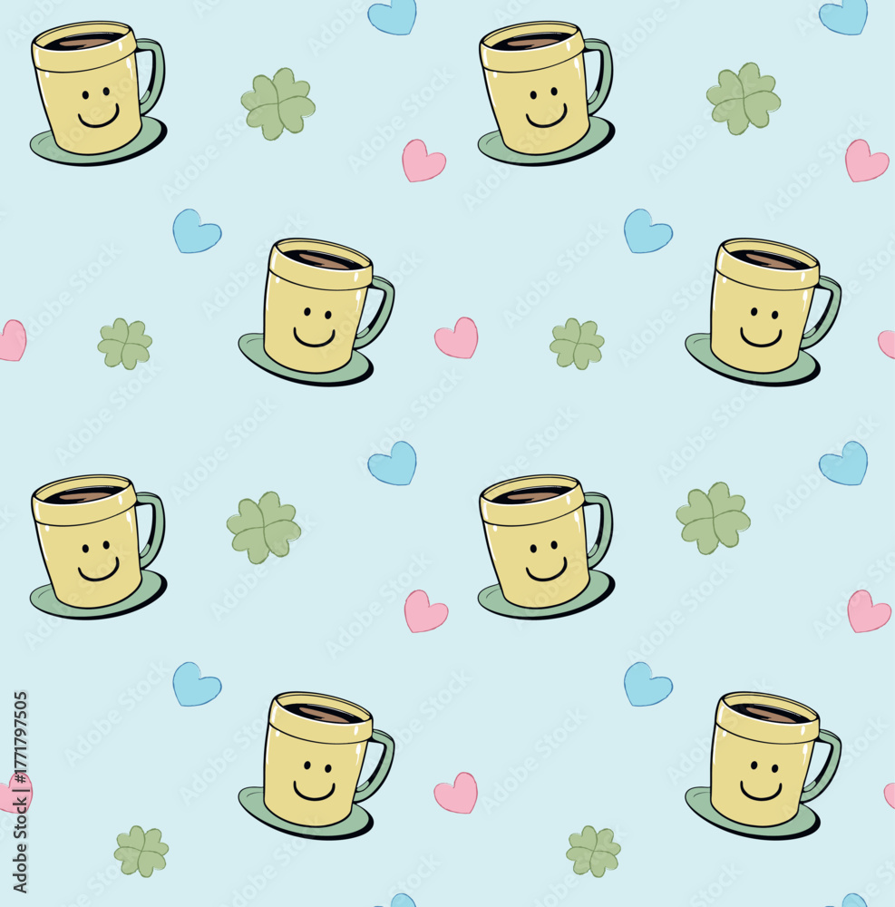 Obraz premium seamless pattern with mug and hearts on blue background cute cartoon character, happy tea cups with funny faces flat vector. Seamless pattern with cute smiling mugs.Child drawing style. Coffee cups