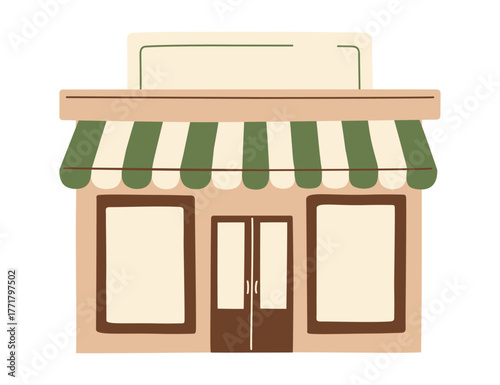 Cozy small shop, market, bakery, cafe, or small-town store vector illustration, cute storefront with green striped awning, vintage aesthetic. Hand-drawn clipart for local business branding and design.