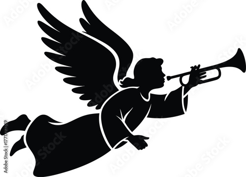Angel blowing trumpet silhouette vector christmas illustration