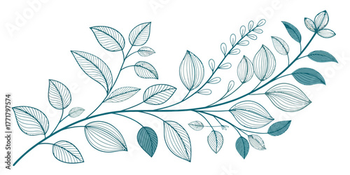 Vector illustration of a botanical branch with leaves and flowers in blue and green hues on a white background