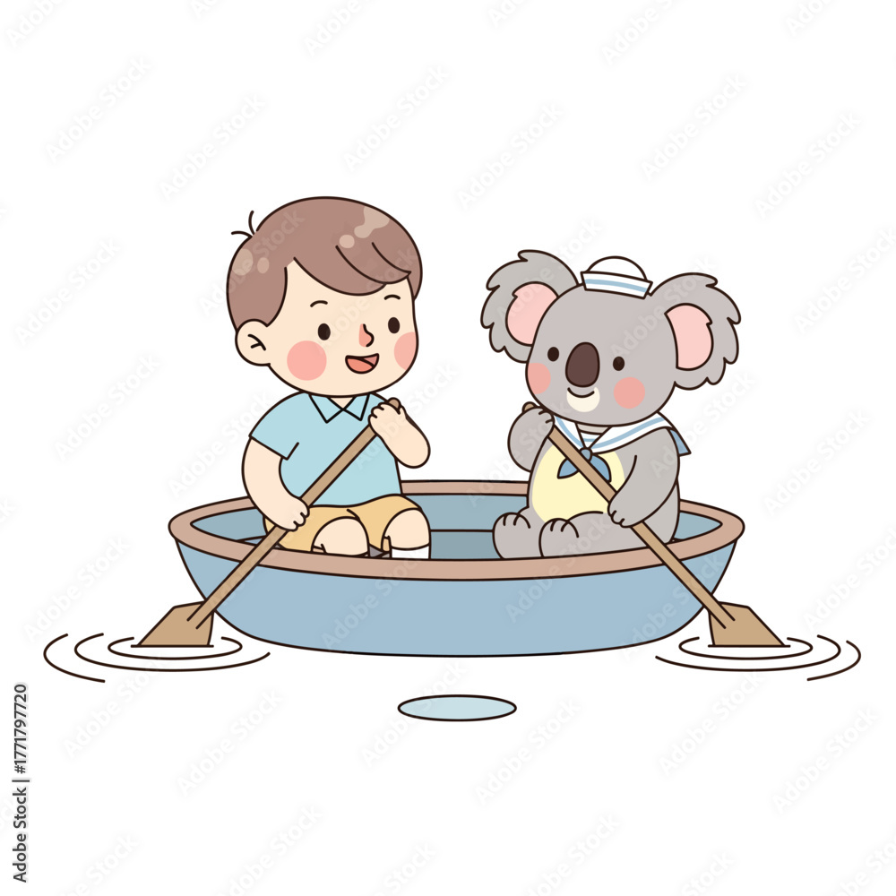 Fototapeta premium Sailor koala and boy enjoying a rowing adventure