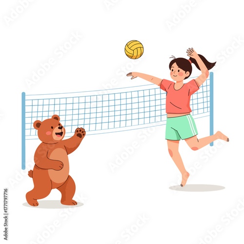 Girl and Cute Bear Playing Fun Beach Volleyball Game