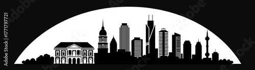 Black silhouette of city skyline with iconic buildings on white background  