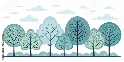 Vector illustration of a serene landscape with stylized trees and soft pastel clouds in a peaceful scenery