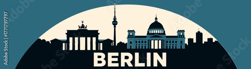 Berlin skyline vector silhouette on blue arc background