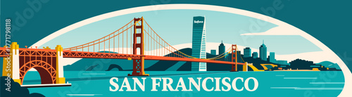 San Francisco skyline illustration with Golden Gate on solid color