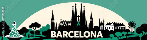 Barcelona skyline illustration on textured background