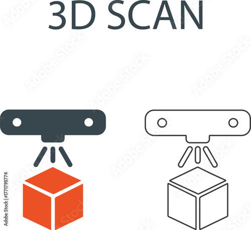 3d scan line art icons. It contains a 3D printer, modeling, filament, additive manufacturing, and more. Solid vector icons collection.