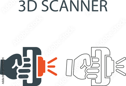 3D scanner Line art icons. It contains a 3D printer, modeling, filament, additive manufacturing, and more. Solid vector icons collection.