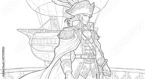 Pirate Captain with Elaborate Costume and Airship in Background