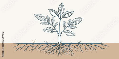 Vector illustration of a young tree with detailed leaves and roots growing in the ground on a light background