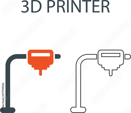 3d printer Line art icons. It contains a 3D printer, modeling, filament, additive manufacturing, and more. Solid vector icons collection.