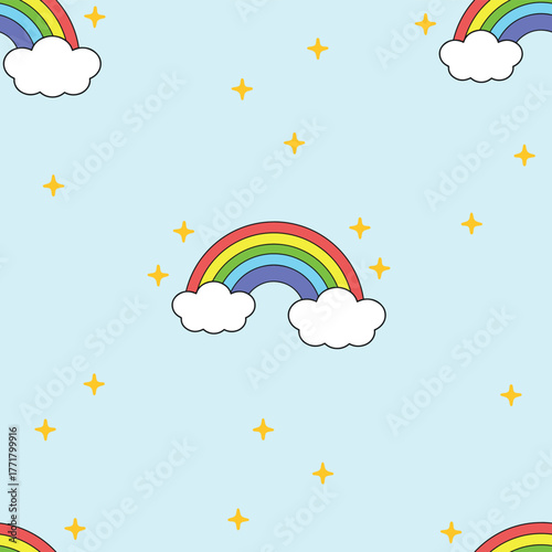 Rainbow cloud and star seamless pattern design for background, wallpaper, textile design, fabric, card, wrapping paper, cover, blanket, blanket for kids, decorative etc. cute dream vector for children