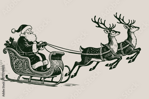 Santa Claus riding sleigh pulled by two reindeer, vintage engraving style, beige background. Concept of traditional Christmas celebration