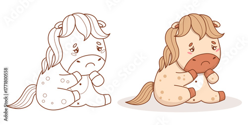 Sad Upset Little Cartoon Horse set. Coloring page. Color and Outline Line drawings Cute emotion Pony Kawaii Animal. Isolated Vector illustration. Kids collection. Not AI