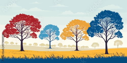 Vector colorful trees standing in a field under a bright sky with distant trees and grass in the foreground