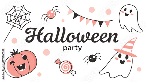 Minimal Halloween poster design with cute ghosts and pumpkins in pastel colours for festive invitation or flyer.
