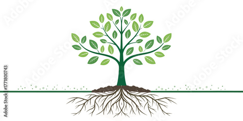 Vector illustration of a green tree with leaves and roots extending below a green line on white background