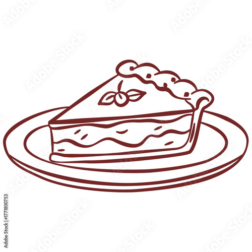 Pumpkin pie slice with berry decor on plate. Autumn vector illustration for cozy fall food designs. Vintage elegant line art