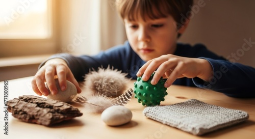 Boy playing with sensory materials. Child touches various textures for tactile stimulation. Education for autism spectrum disorder, sensory therapy.