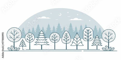 Vector illustration of a winter landscape with various trees, moon, stars, and clouds in a serene palette