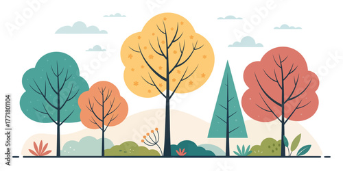 Vector colorful trees with varied foliage shapes and hues in a stylized landscape illustration art